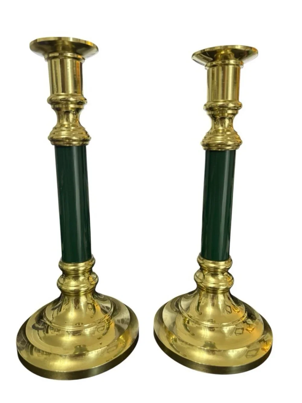 VTG Brass w/ Green Accent Set of 2 Candle Stick Holder 9.5